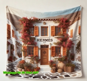 Luxury Hermès Santorini Bougainvillea Street Print Flannel Throw Blanket IMG_5186